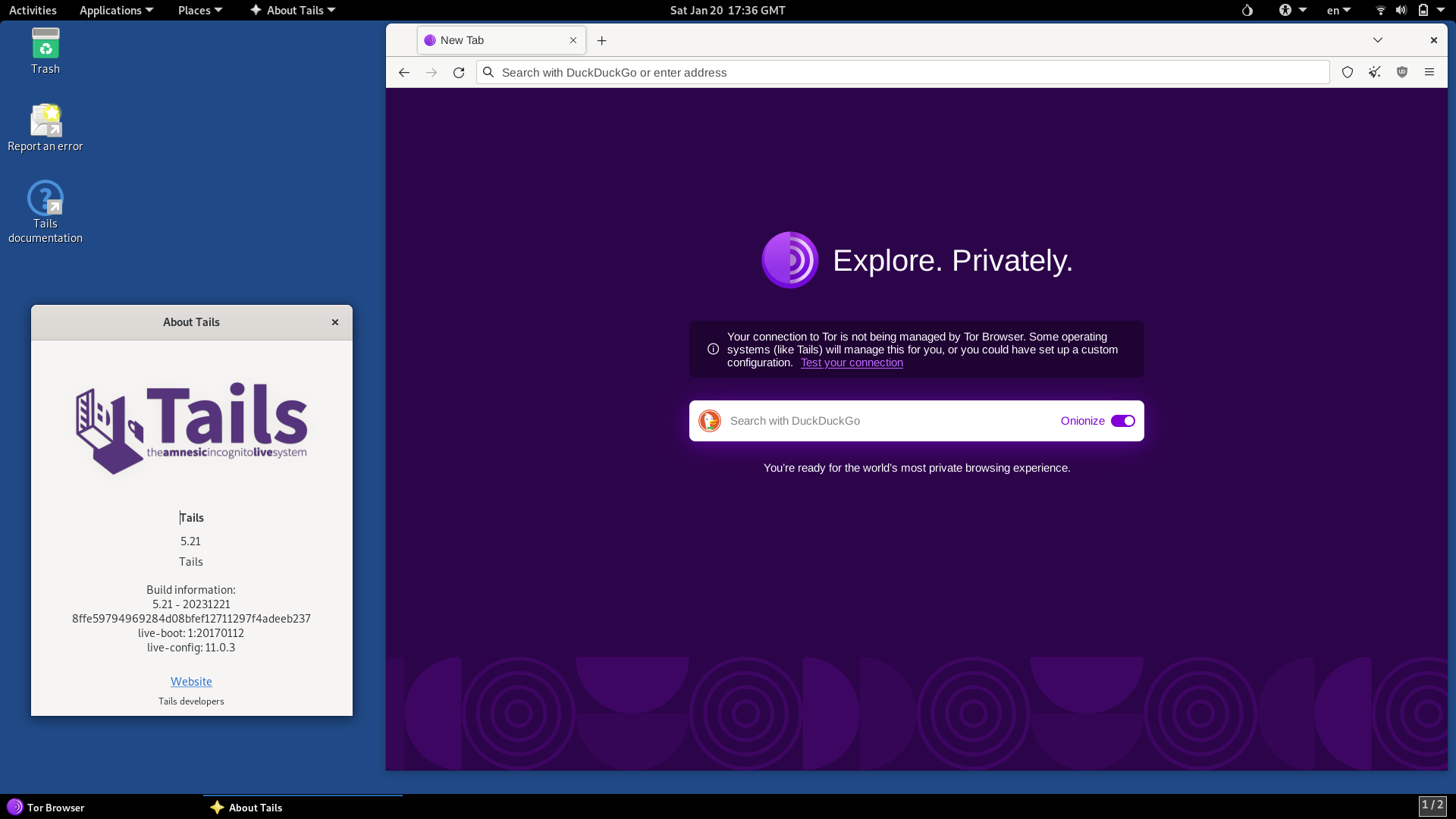 Capture d'écran du bureau de Tails avec le navigateur Tor ouvert