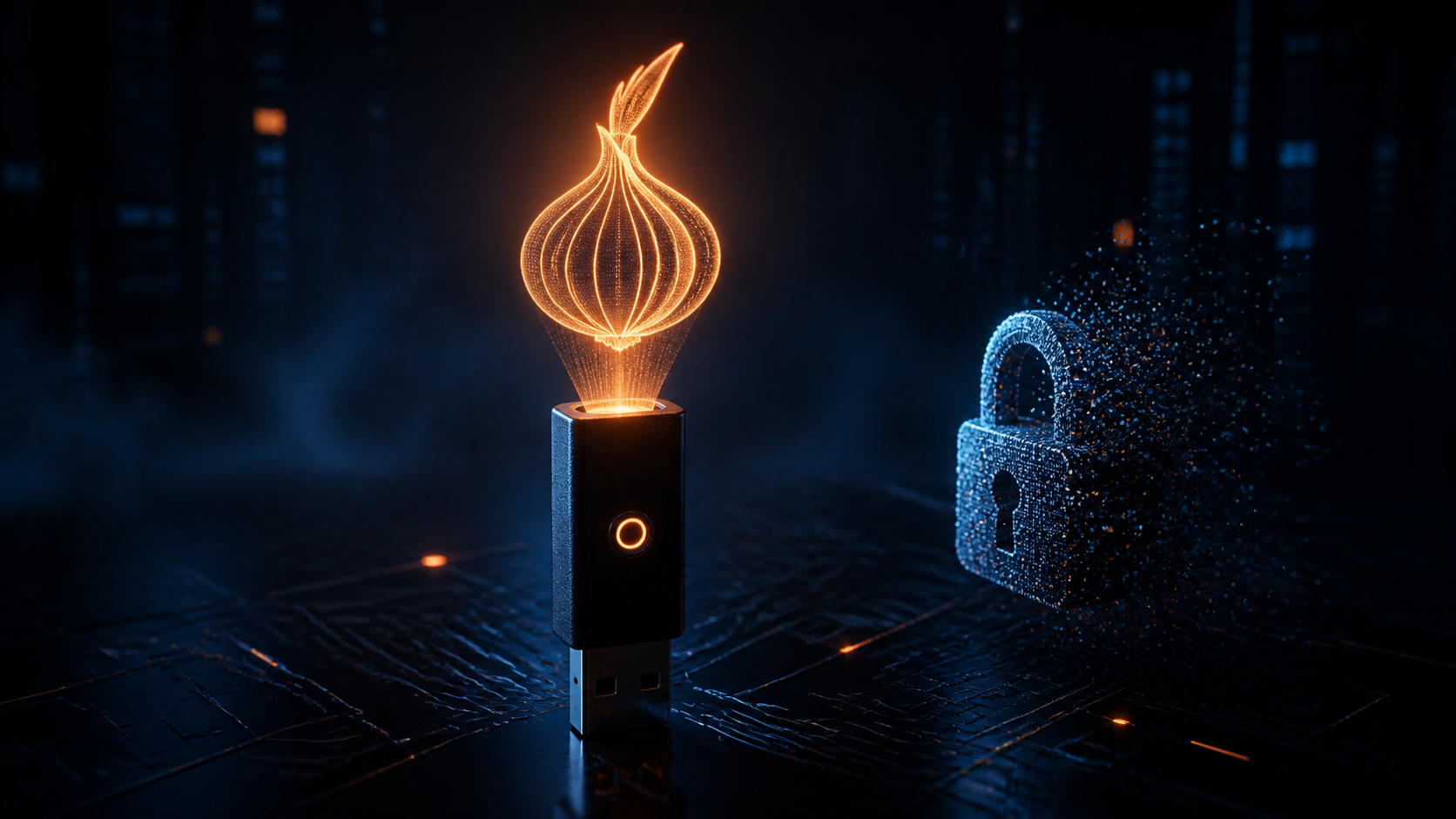 Illustration d'une clé USB sous un hologramme d'oignon, symbole de l'anonymat sur Tor