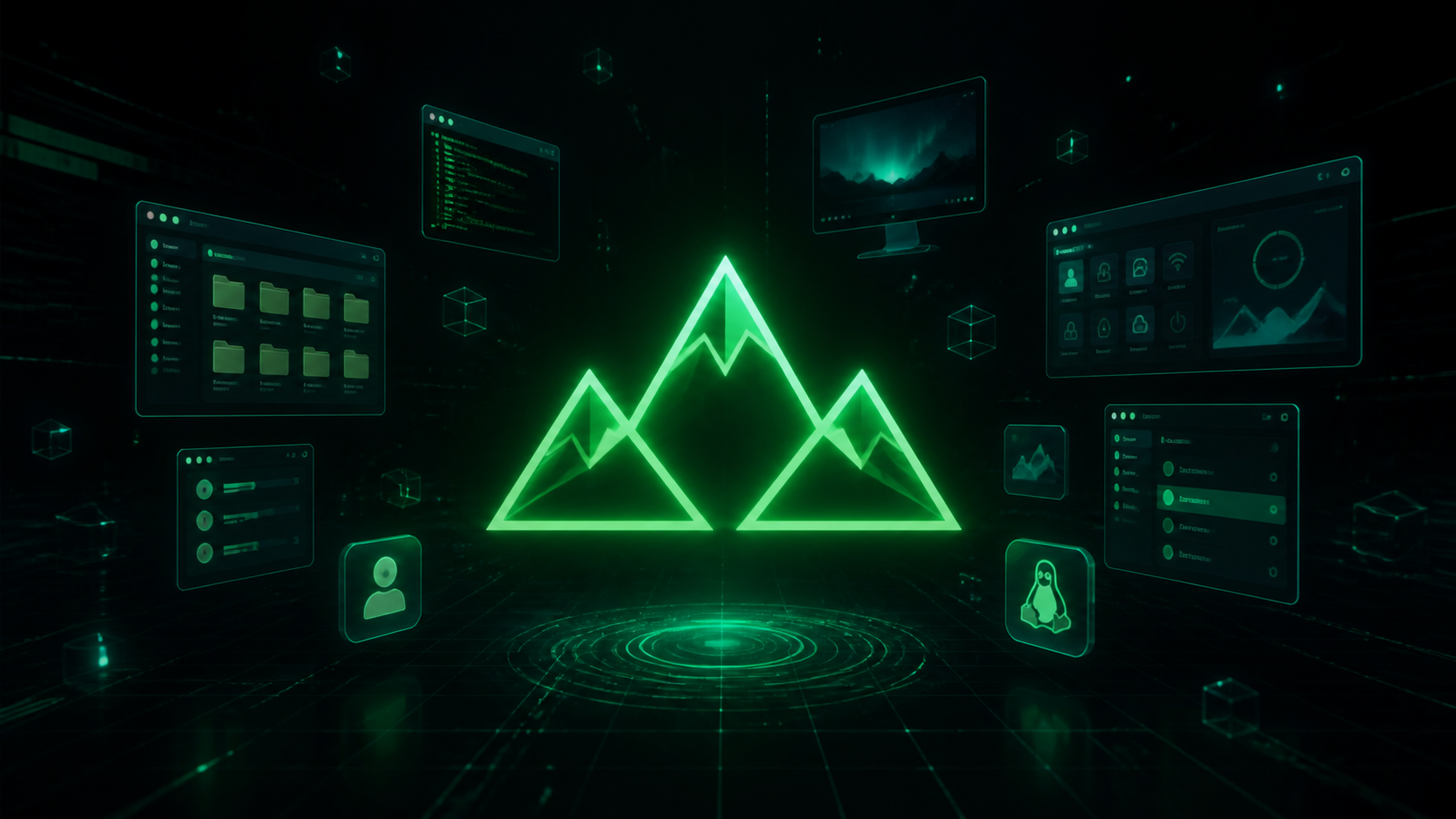 Illustration du logo Manjaro entouré d'éléments de bureau Linux