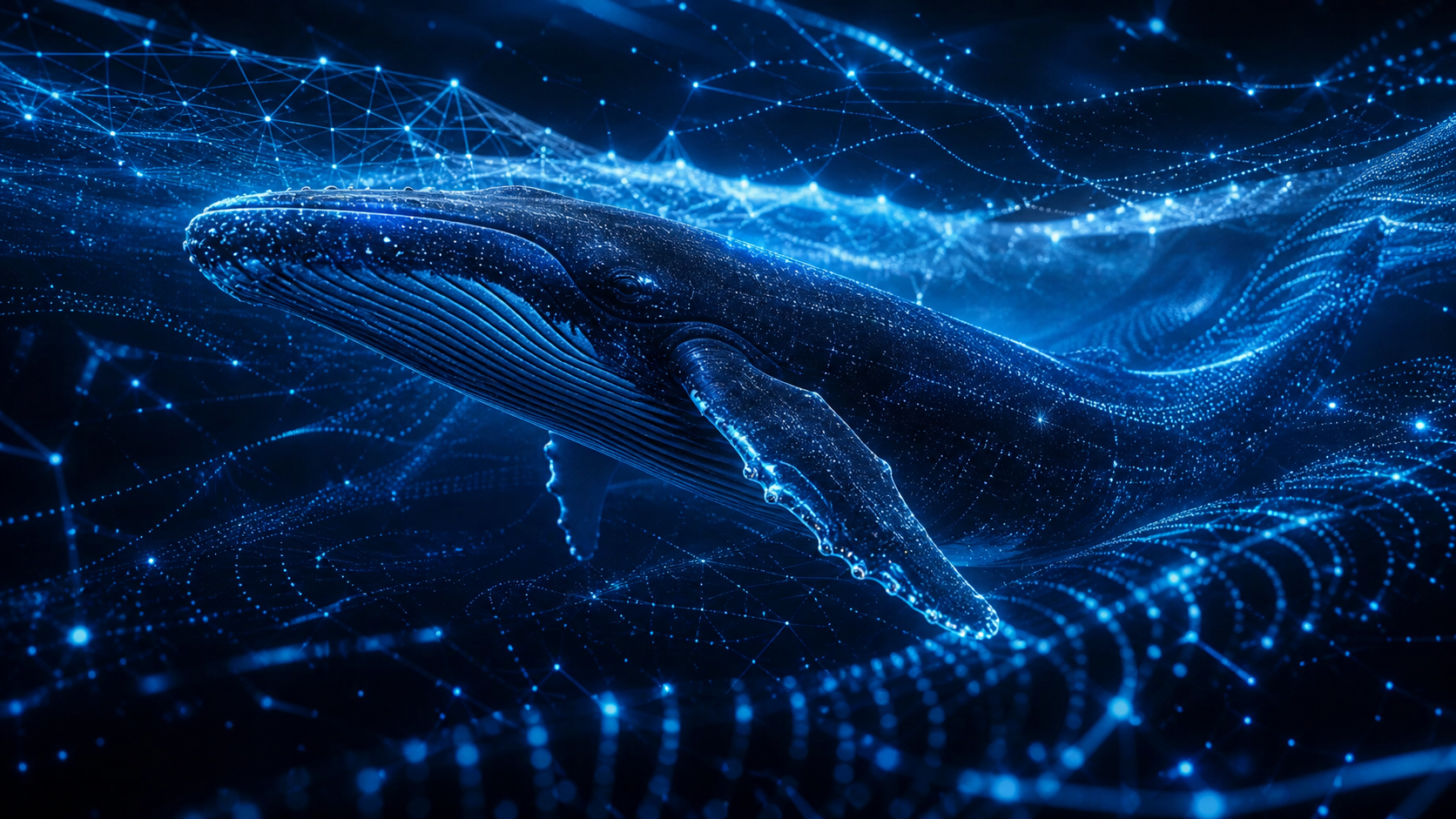 Baleine bleue nageant dans un océan numérique de données, illustration de l'article DeepSeek V4 Pro 0813