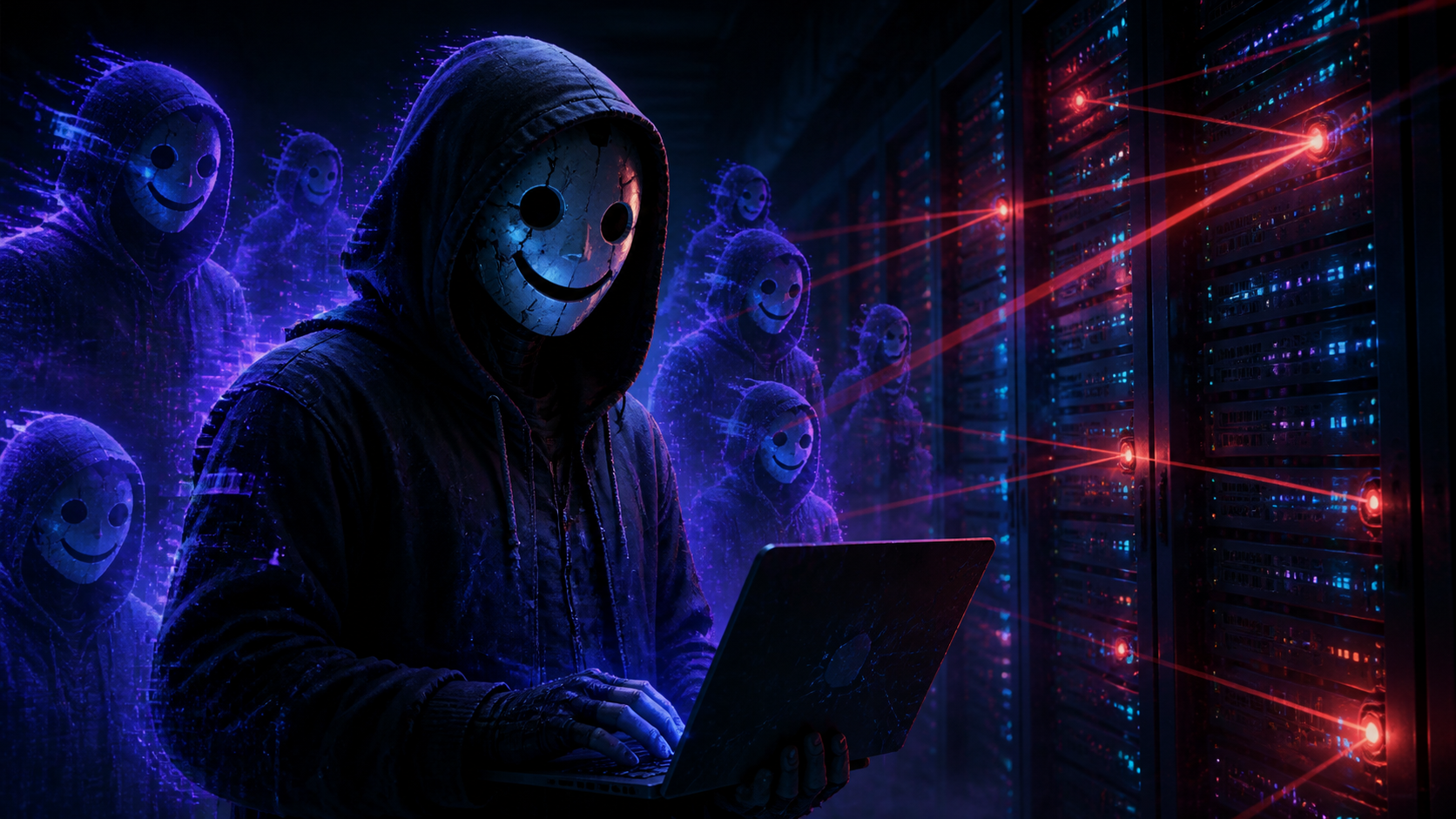 Pirate masqué en robot IA scannant des serveurs, illustration cyberpunk sombre