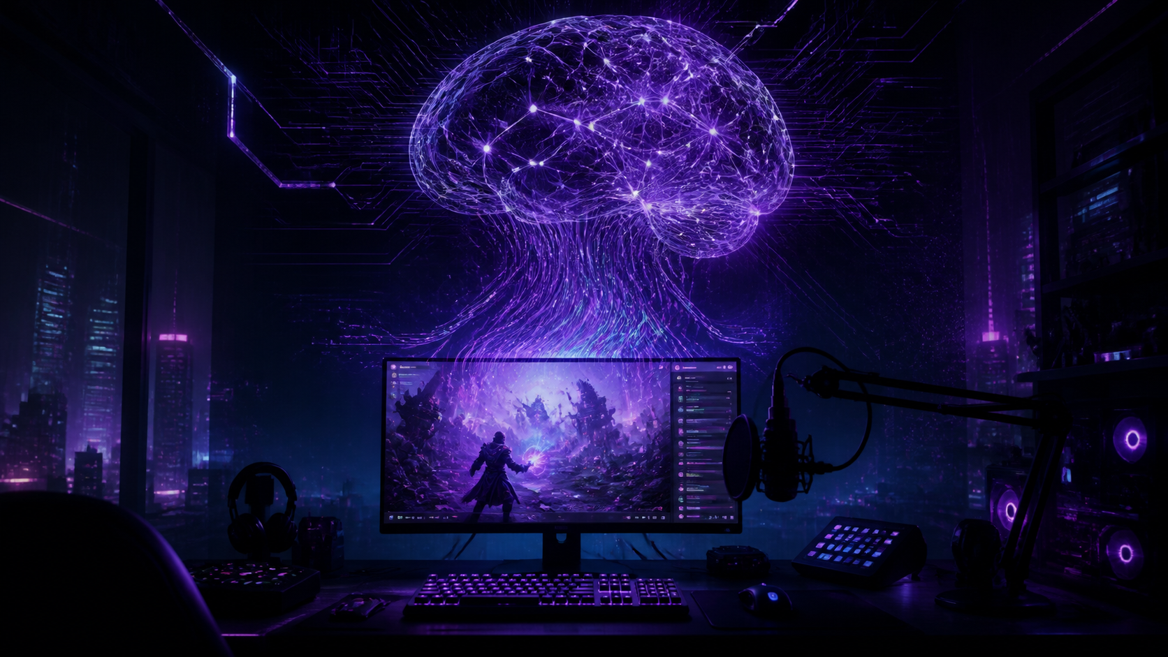 Écran de streaming avec micro et lumière violette, un cerveau de circuits lumineux au-dessus, ambiance cyberpunk sombre