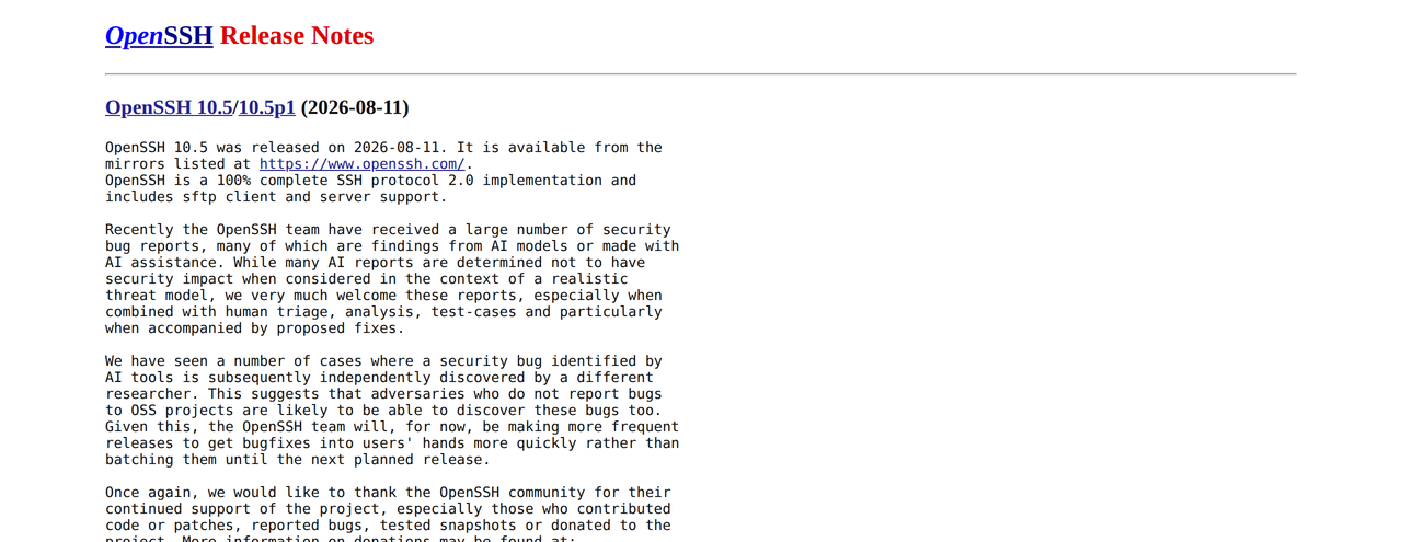 Capture de la page des notes de version d'OpenSSH 10.5, avec le passage expliquant que l'équipe reçoit de nombreux rapports de failles issus de l'IA et publiera plus fréquemment
