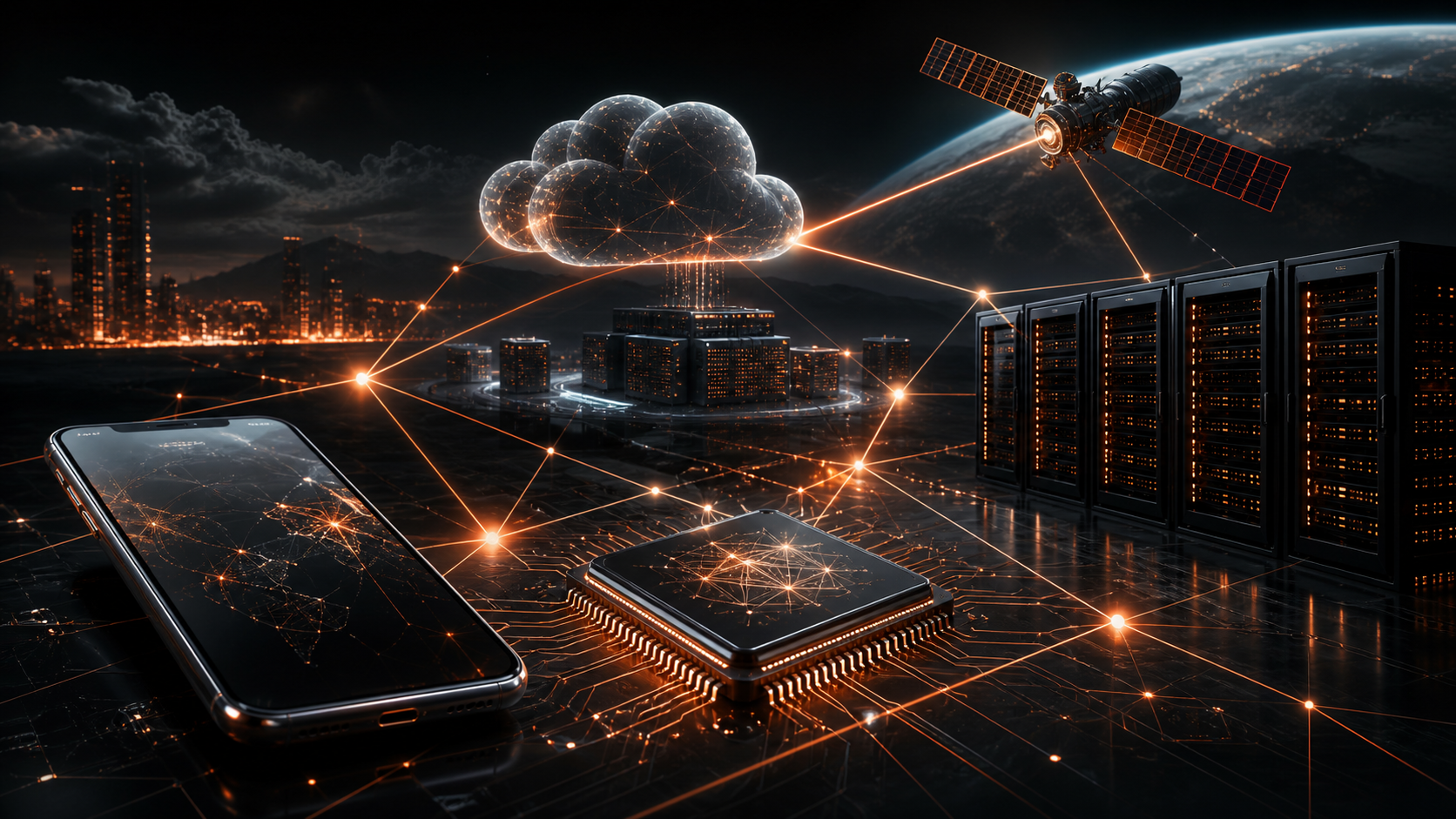 Réseau technologique reliant IA, smartphone, centre de données et satellite