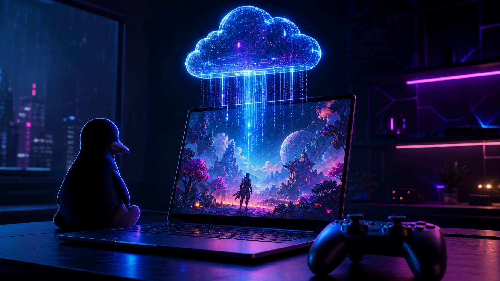 Laptop diffusant un jeu vidéo depuis le cloud avec une manette, ambiance cyberpunk