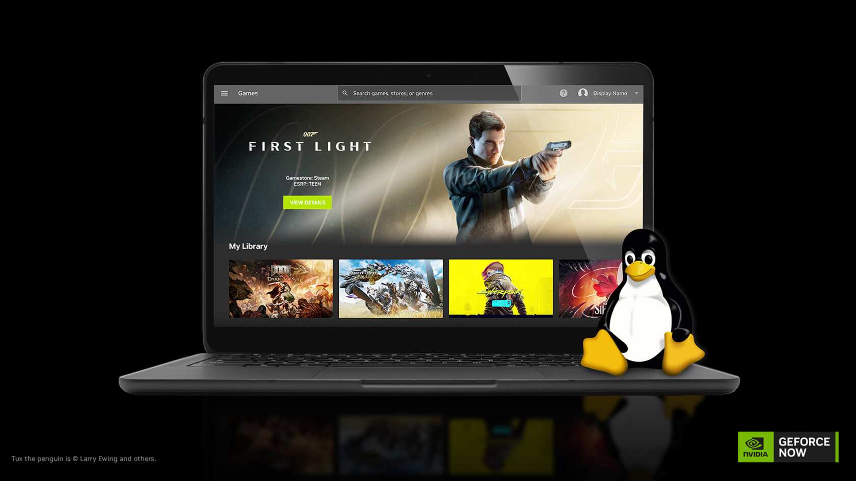 Capture de l'application GeForce NOW sur Linux : barre de recherche en haut et Tux, la mascotte Linux, dans la fenêtre