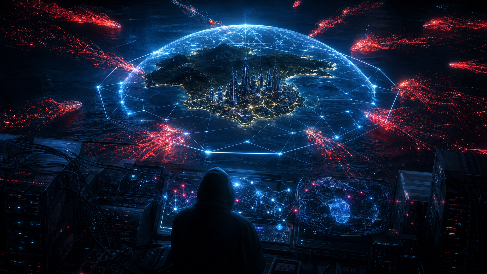 Île stylisée sous une coupole de protection bleue, percée par des flux de particules rouges et orange, ambiance cyberpunk sombre