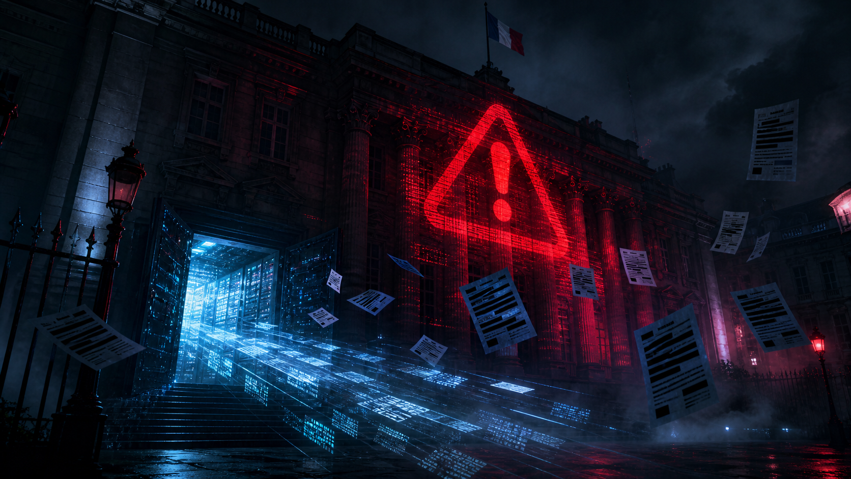 Bâtiment administratif français la nuit, alerte rouge projetée sur la façade, documents fiscaux numériques s’échappant d’un serveur, ambiance noire et cyberpunk