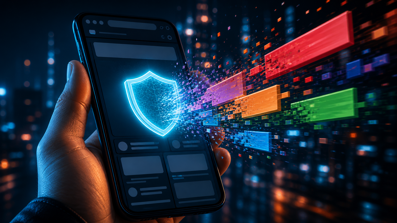 Main tenant un smartphone la nuit, bouclier cyan repoussant des bannières publicitaires qui éclatent en pixels, ambiance cyberpunk bleue et orange