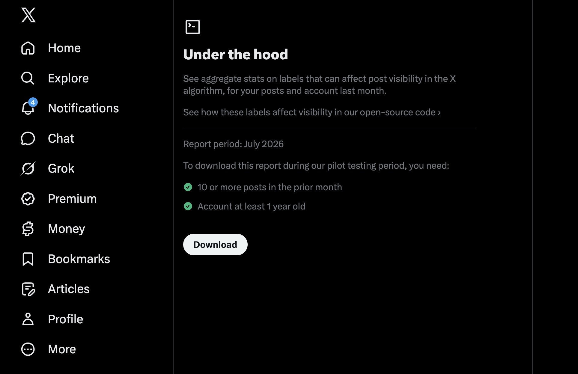 Capture d’écran de la page « Under the hood » dans les réglages de l’application X, qui permet de télécharger un rapport sur les labels affectant la visibilité.