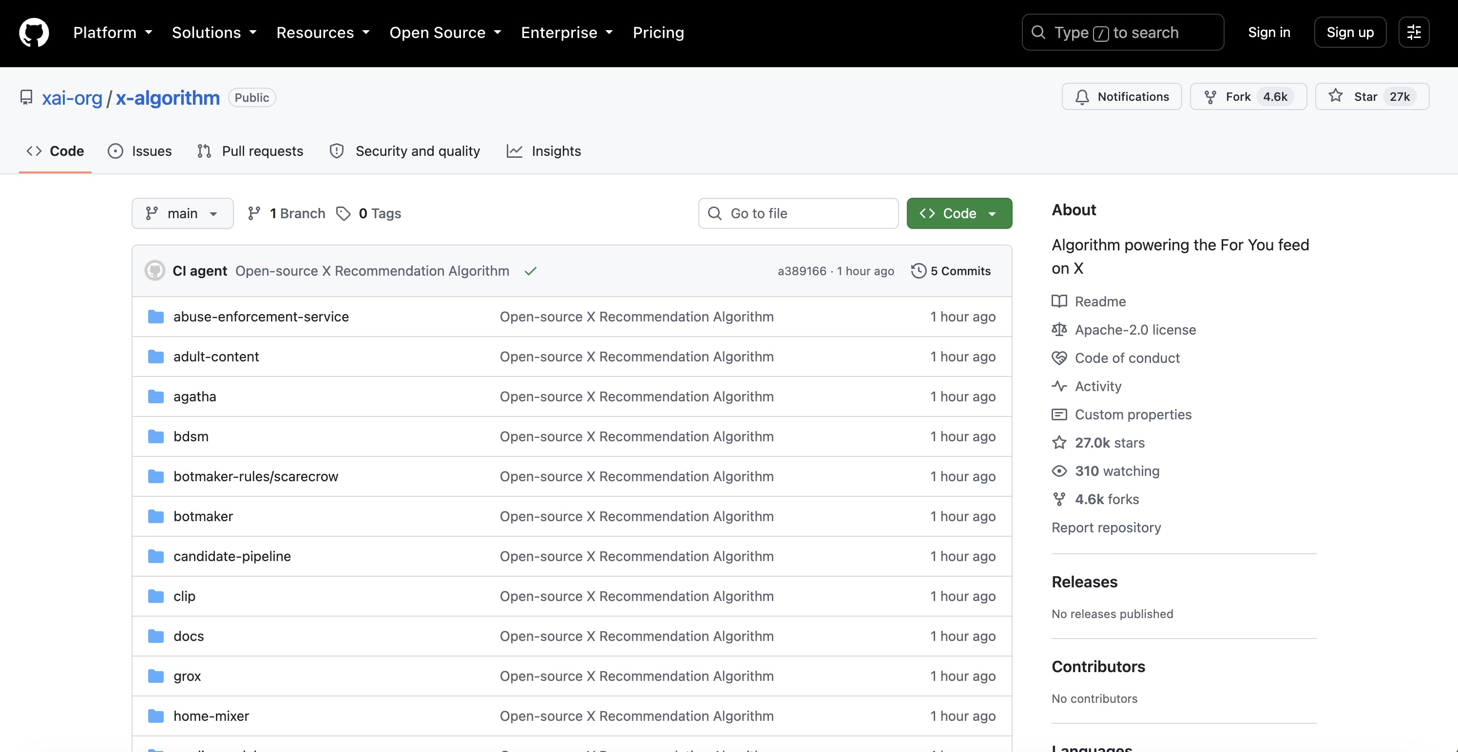 Capture d’écran du dépôt GitHub xai-org/x-algorithm qui contient le code du fil « Pour toi » de X.