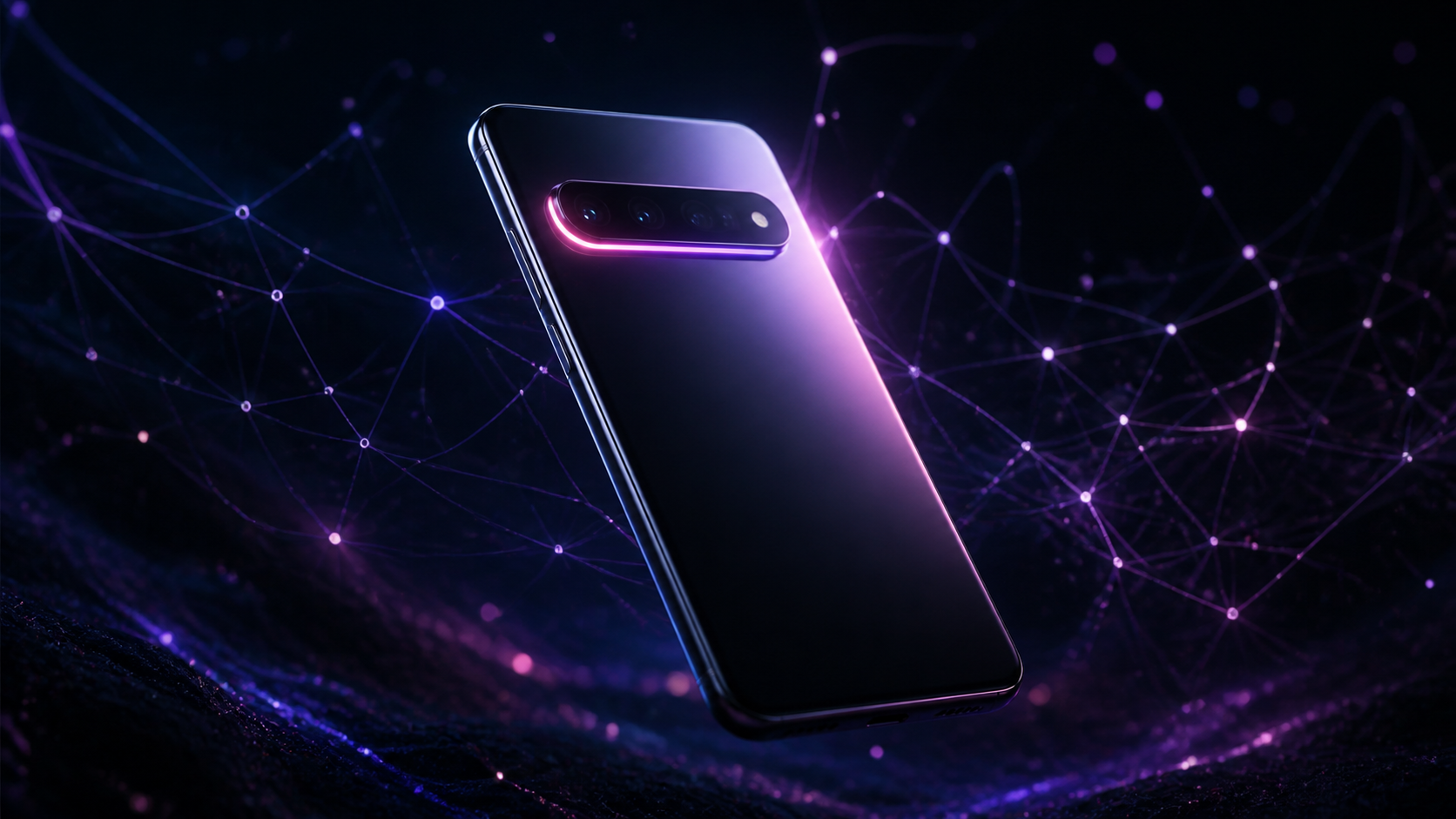 Smartphone Pixel 11 stylisé avec des lueurs d'IA roses et violettes