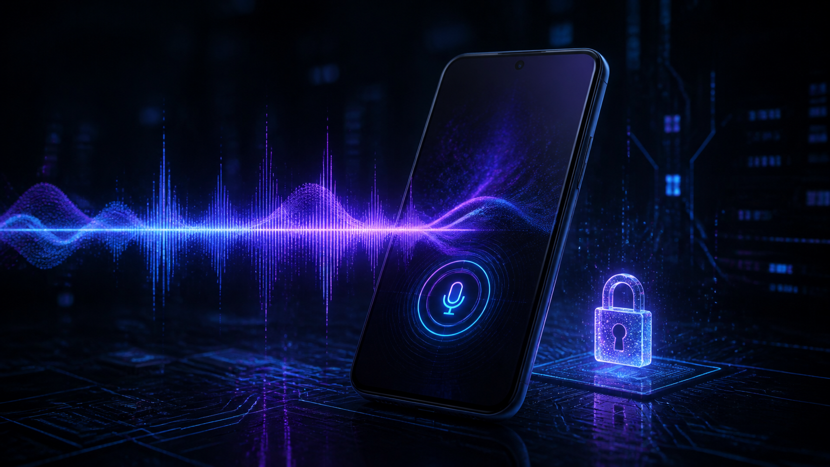 Illustration d'un smartphone Android avec une onde vocale lumineuse et un cadenas, évoquant un assistant vocal privé