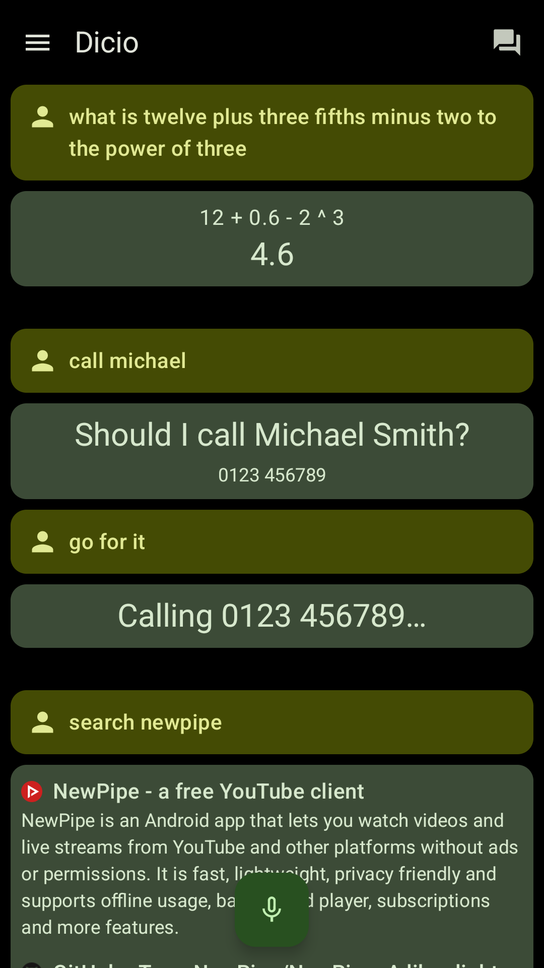 Dicio en action : un appel en cours, un calcul et une recherche, dans l'application Android