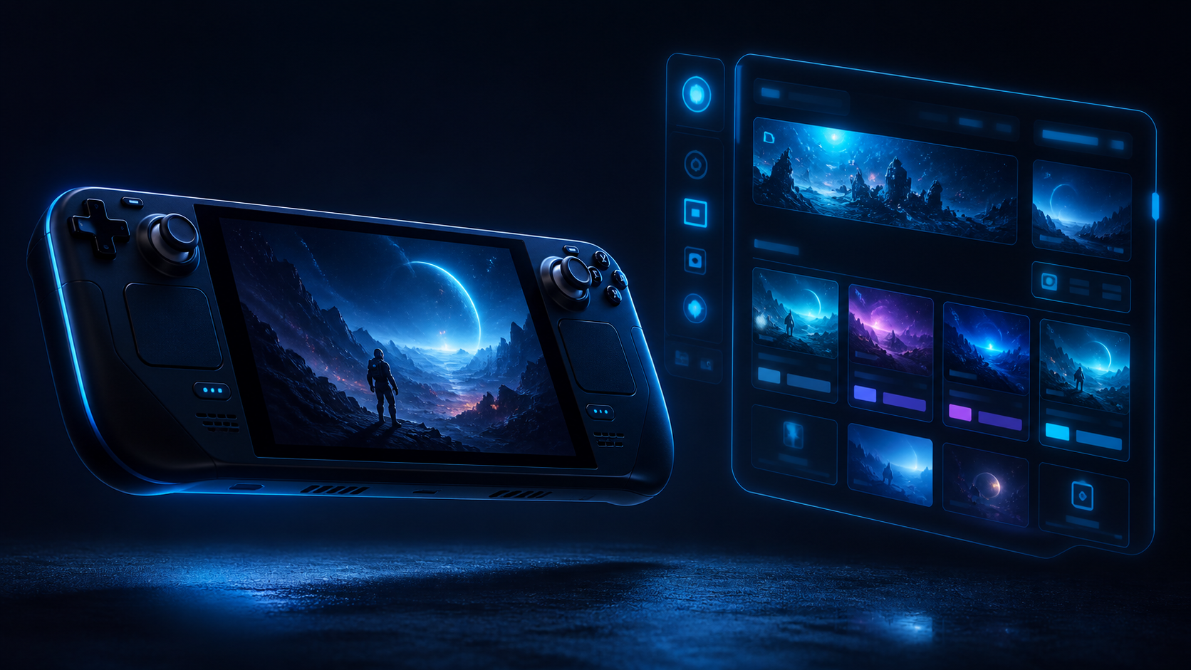 Console de jeu portable stylisée entourée d’une interface holographique de boutique de jeux, illustration cyberpunk bleu nuit