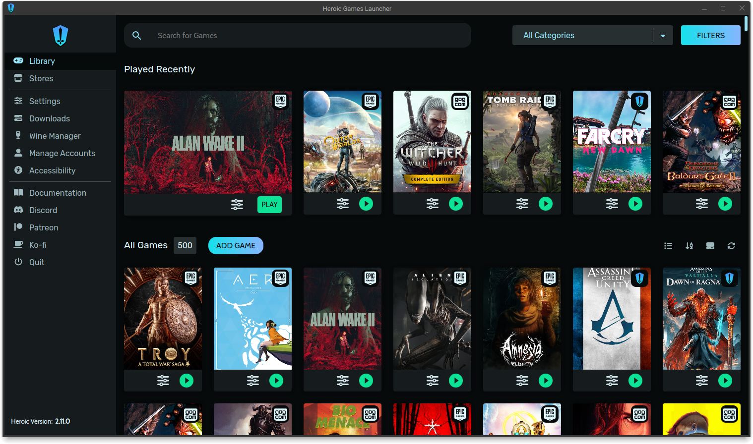 Capture d'écran de Heroic Games Launcher affichant une bibliothèque de jeux, l'application open source utilisée pour lancer les jeux Epic Games et GOG sur Linux