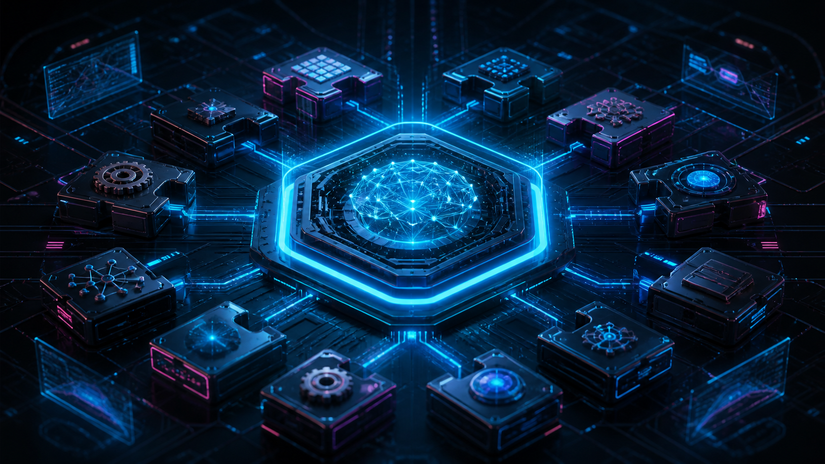 Illustration sombre et futuriste d'un agent IA modulaire composé de briques interchangeables, en bleu et cyan néon.