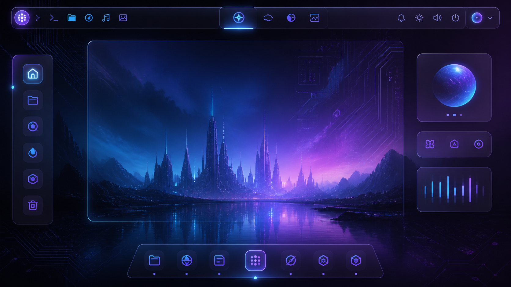 Interface de bureau Linux flottante et translucide, barre supérieure élégante et panneaux de verre sur un dégradé bleu nuit et violet, ambiance cyberpunk, sans texte