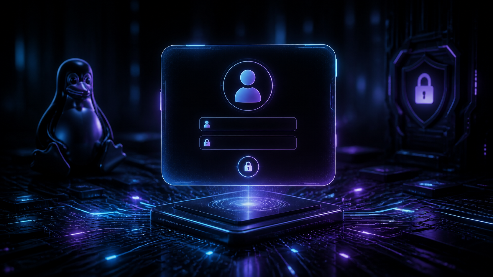 Illustration sombre et néon d'un écran de connexion Linux futuriste, avec circuits électroniques et verrou lumineux.