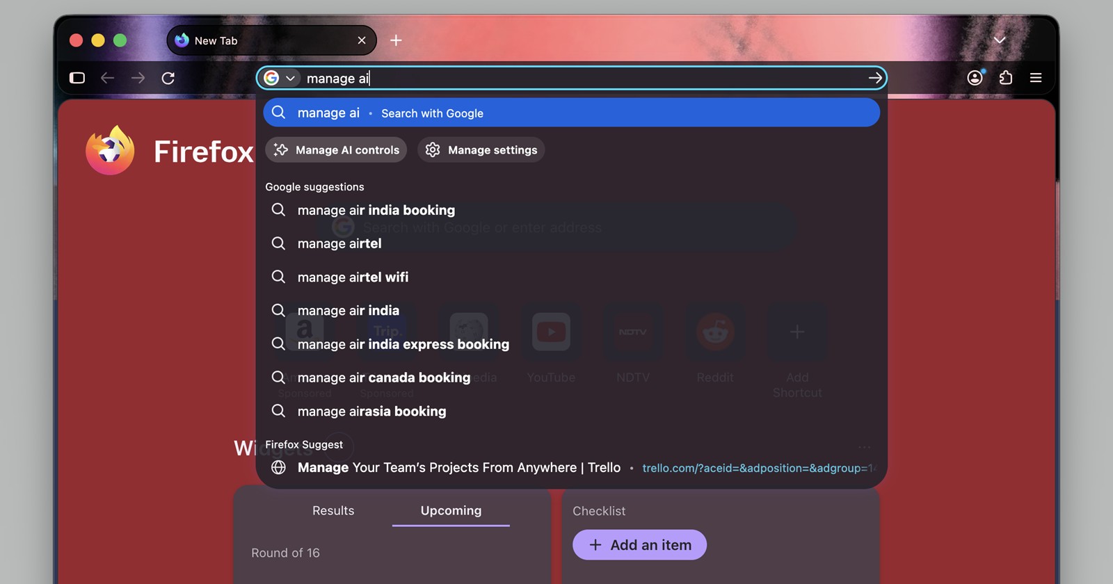 La barre d’adresse de Firefox propose le raccourci « Manage AI controls » quand on tape « manage ai ».