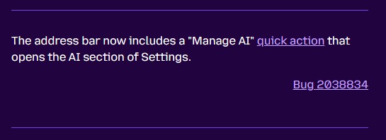 La mention de la fonction « Manage AI » dans les notes de version officielles de Firefox 154 bêta.