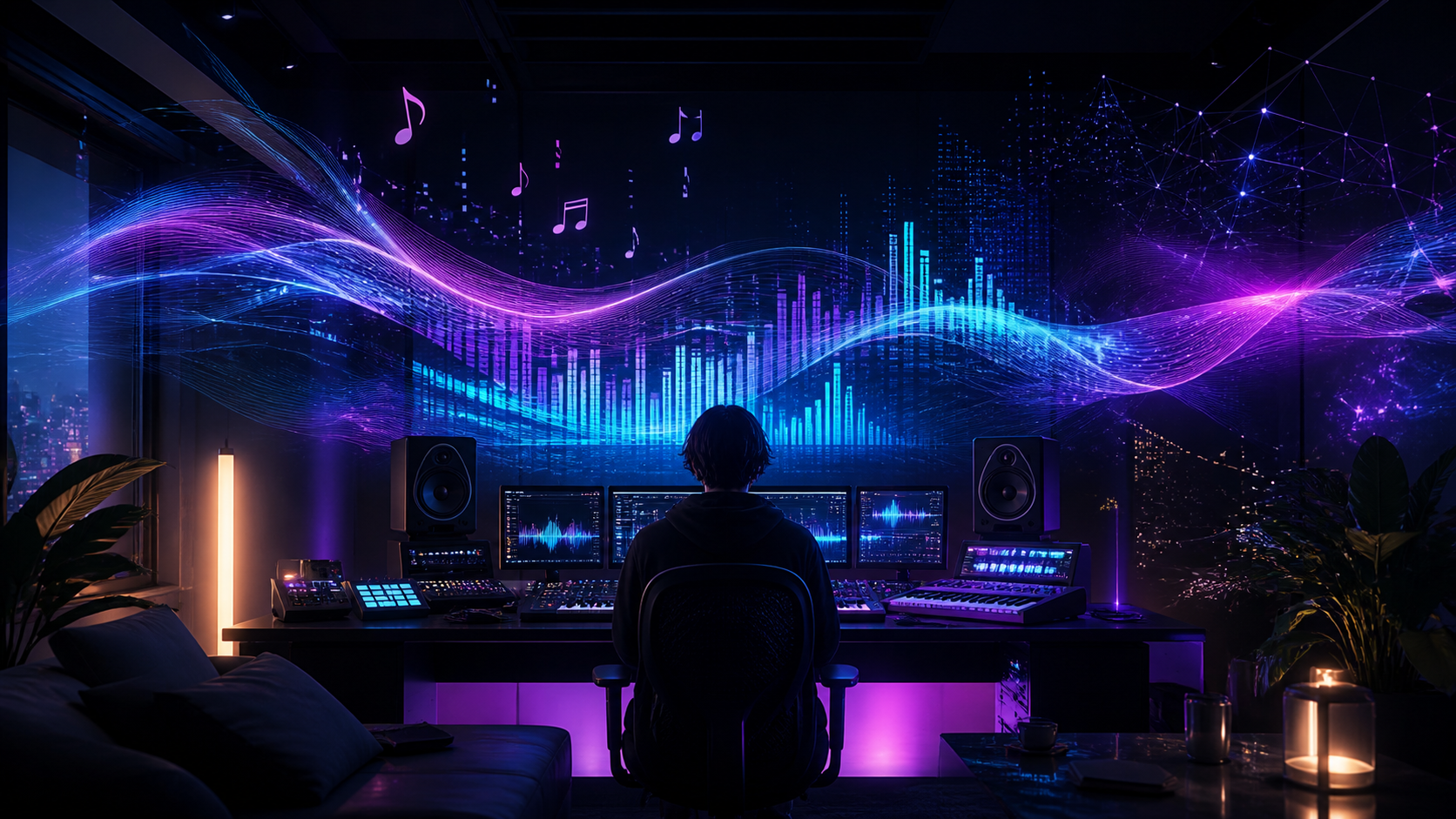 Couverture : la musique par IA en local, ambiance studio futuriste