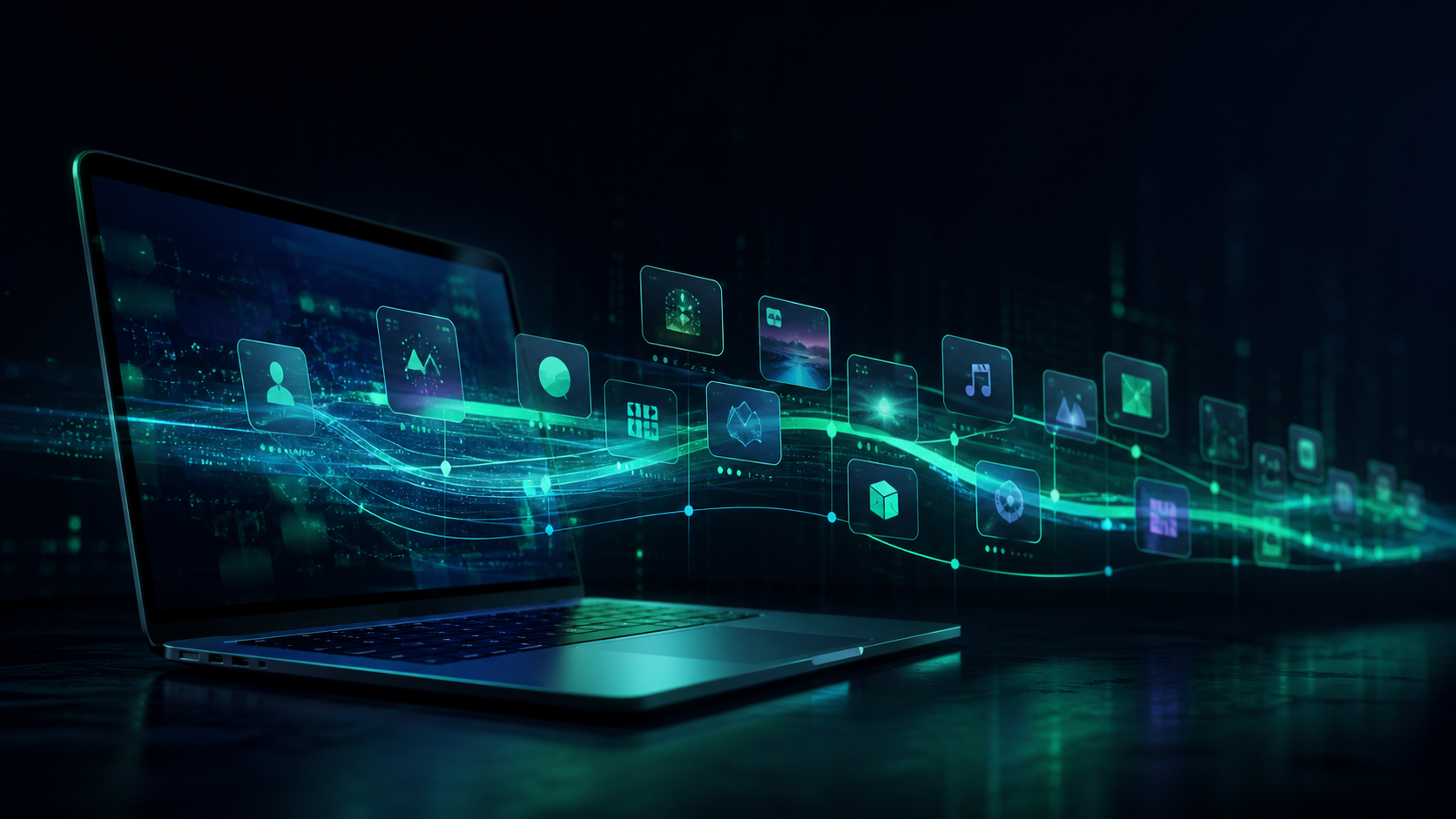 MacBook avec une frise chronologique lumineuse de souvenirs numériques qui s’écoule vers une interface IA, ambiance sombre bleu-vert cyberpunk