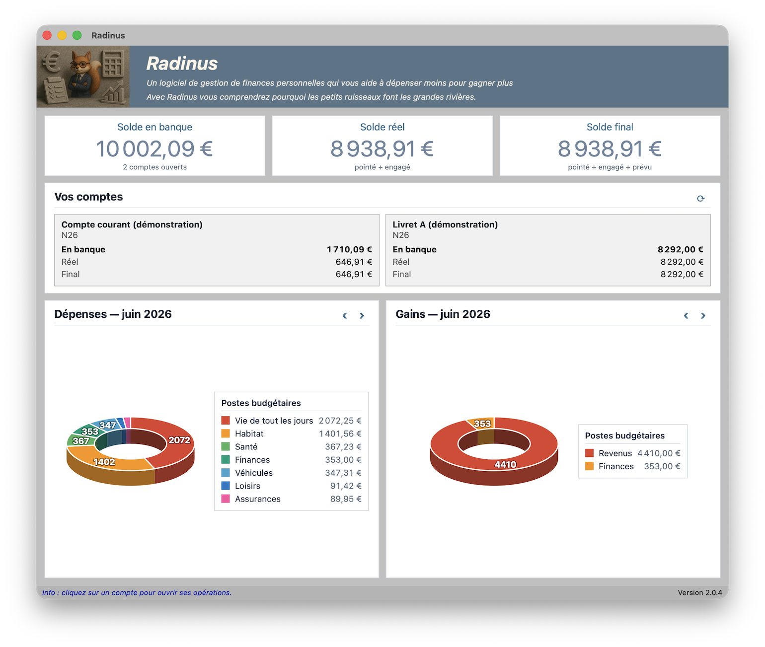 Écran d'accueil de Radinus, logiciel libre de gestion de budget