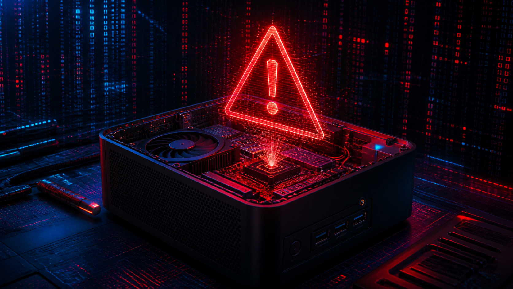 Mini-PC avec un triangle d'avertissement rouge holographique au-dessus, style tech sombre