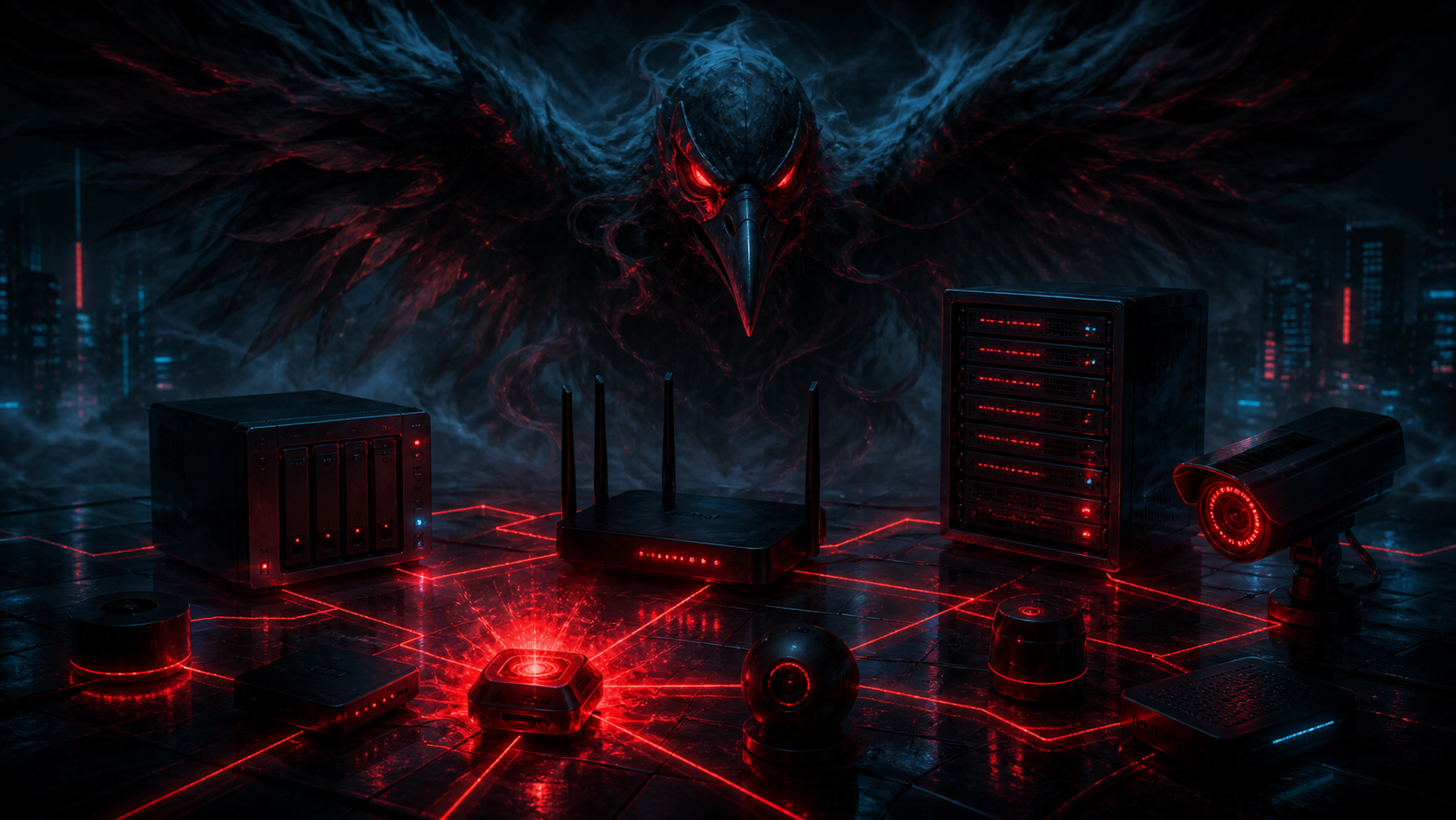 Réseau d'appareils reliés par des lignes rouges de botnet, une ombre d'oiseau au-dessus, style tech sombre