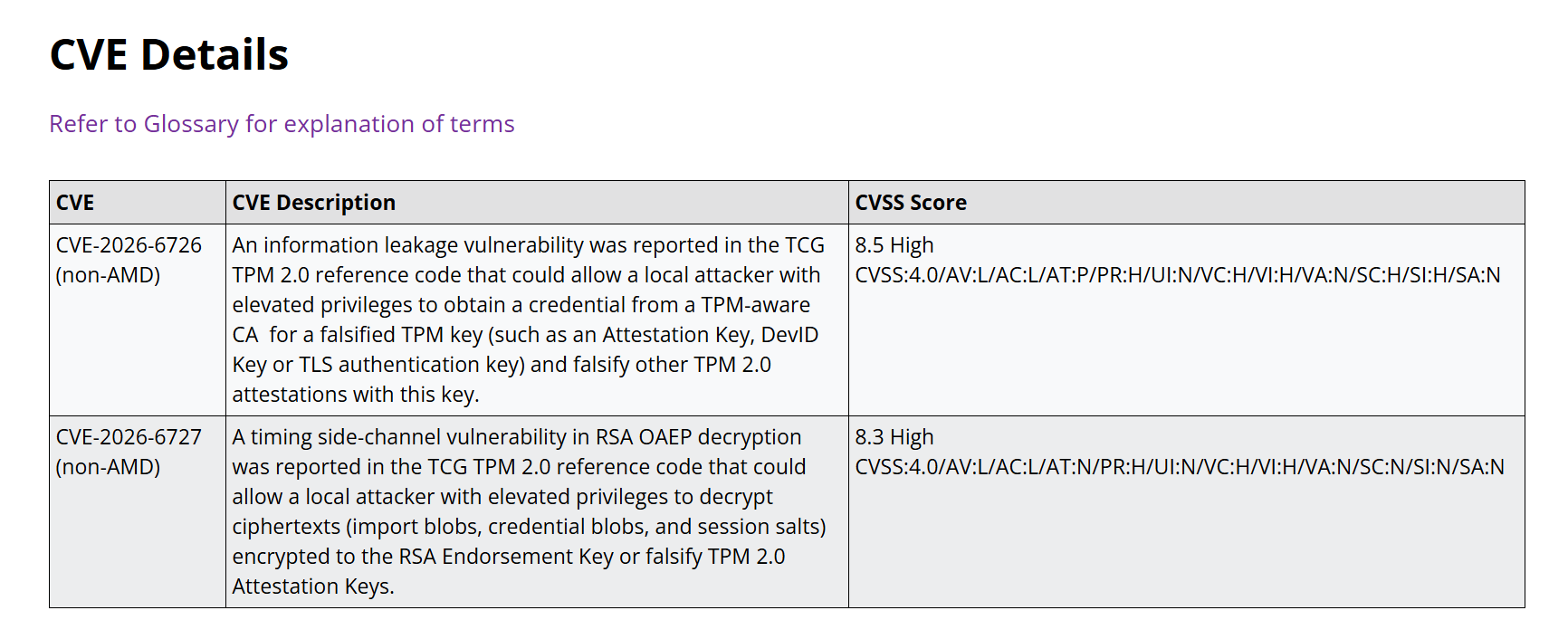 Tableau des détails CVE du bulletin AMD-SB-7064 montrant CVE-2026-6726 et CVE-2026-6727 avec leurs scores CVSS
