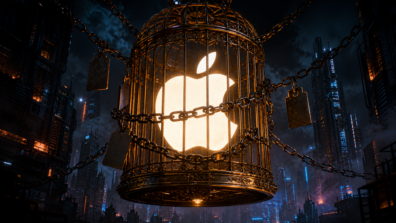 Apple logo doré enfermé dans une cage, illustration pour la chronique de NumeriBrain sur la commission de l'App Store