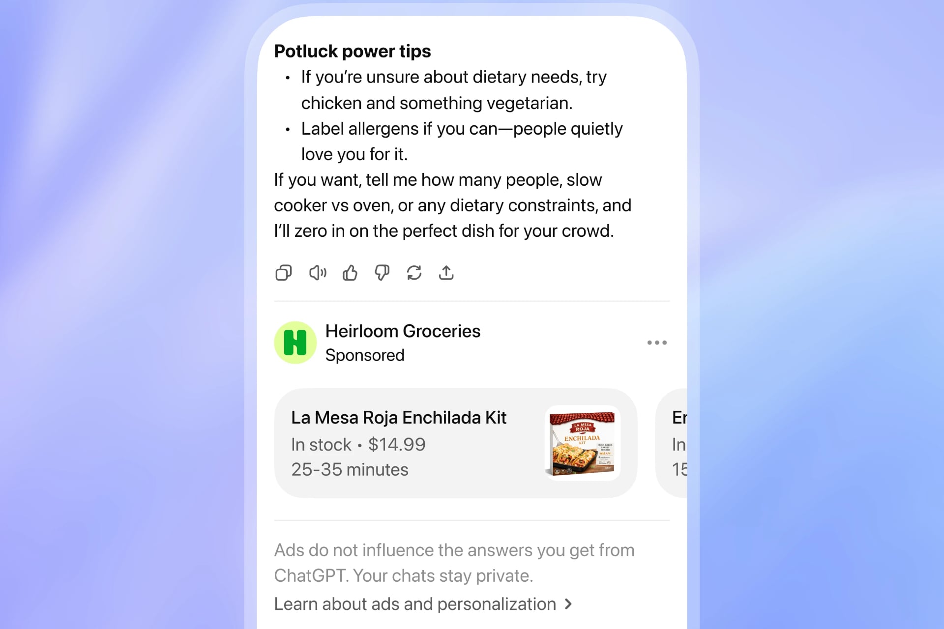 Aperçu démonstratif de publicité intégrée dans une conversation ChatGPT