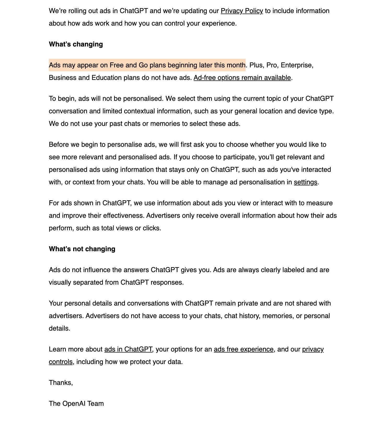 Capture du mail envoyé par OpenAI aux abonnés européens