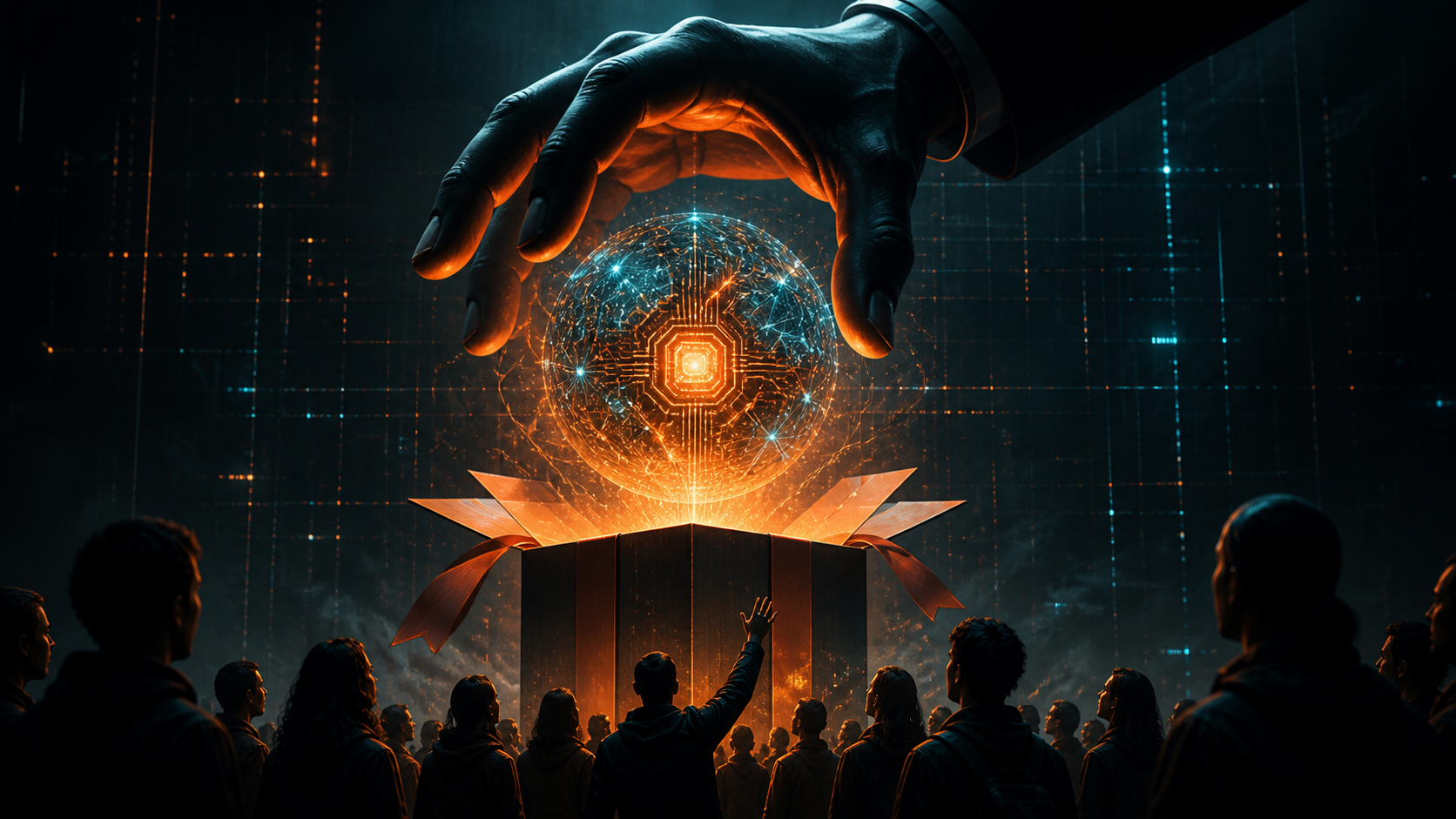 Illustration IA : une main géante tend une sphère lumineuse d’IA à une foule, style cyberpunk sombre