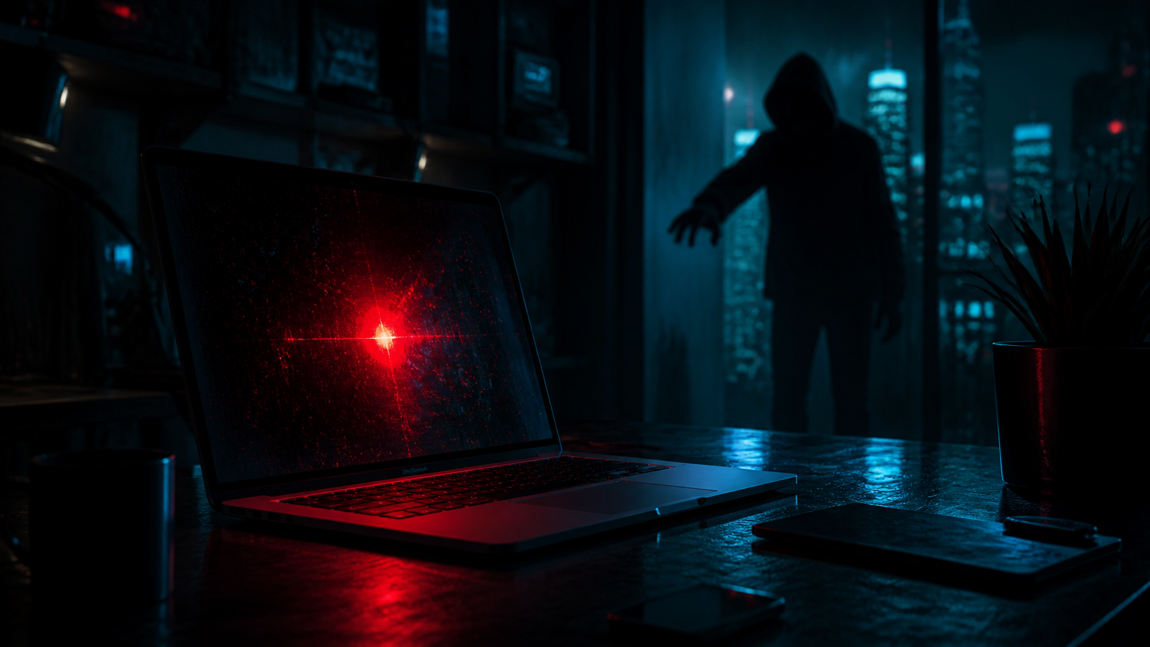 Un MacBook dont l’écran est contrôlé à distance par un intrus, ambiance sombre (illustration)