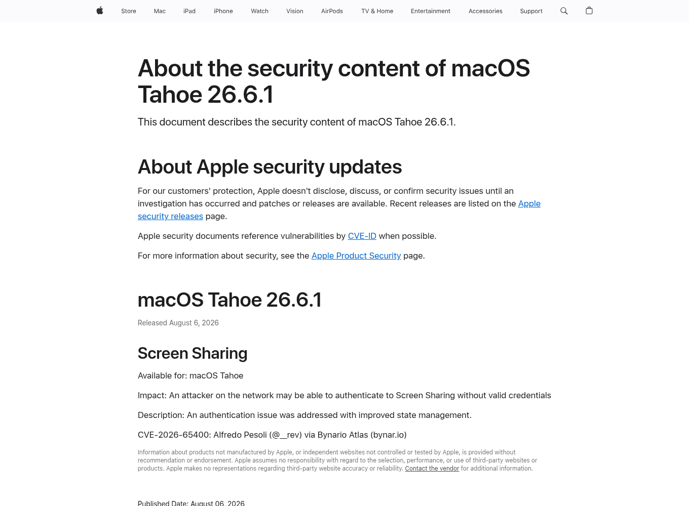 Page d’Apple décrivant le contenu de sécurité de macOS Tahoe 26.6.1, avec la date de publication du 6 août 2026