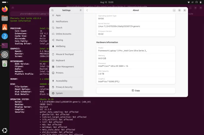 Graphique de Phoronix comparant les performances d'un Framework Laptop 13 Pro sous les noyaux Linux 7.0, 7.1 et 7.2.