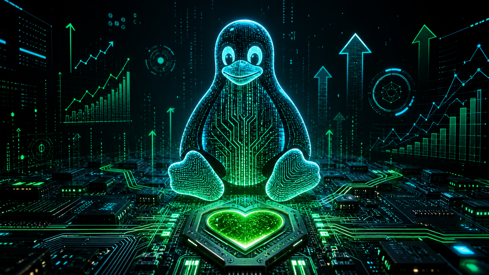 Illustration du nouveau noyau Linux 7.2, un cœur de processeur lumineux entouré de circuits.