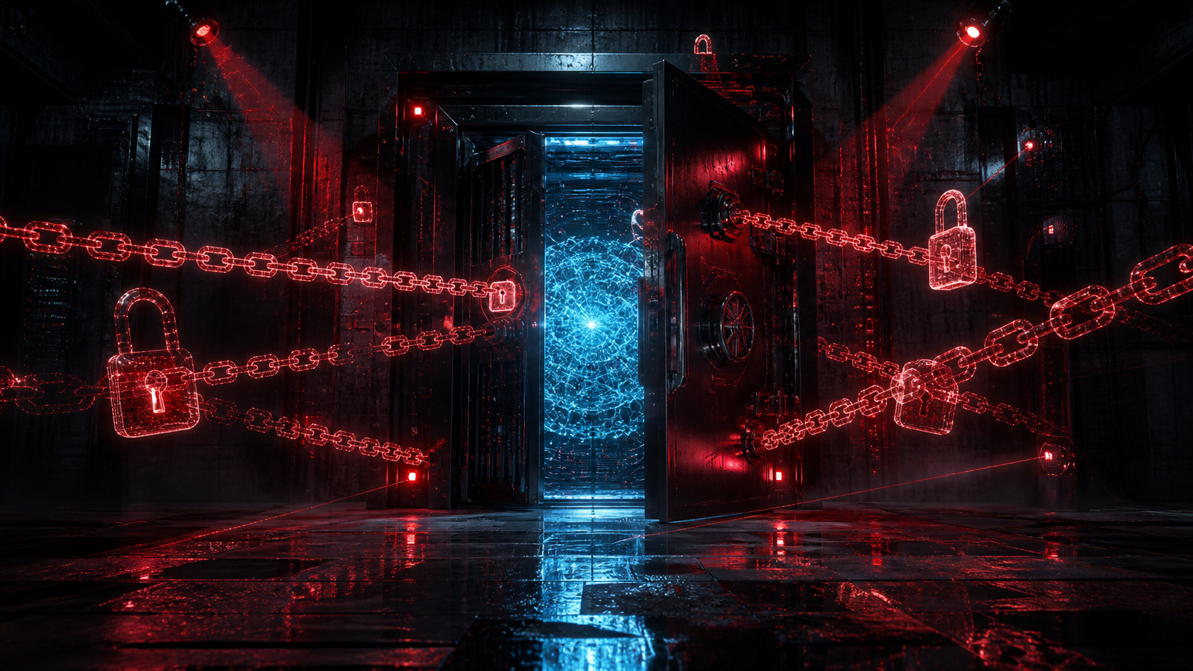 Une IA puissante enfermée dans un coffre-fort souterrain, illustration de synthèse