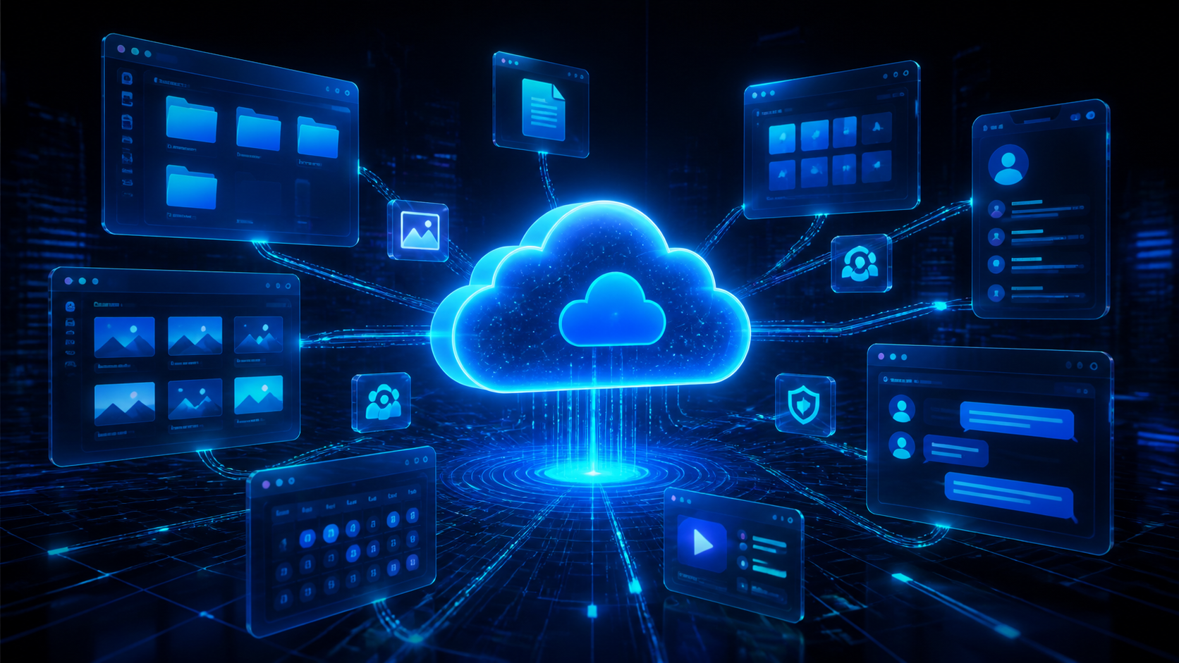 Illustration sombre représentant un cloud personnel entouré de panneaux d’application, pour l’article sur Nextcloud Native.