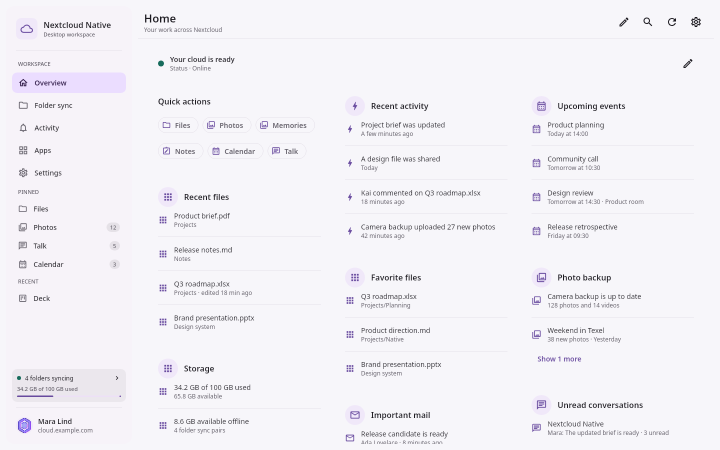 Capture d’écran de la vue d’ensemble de Nextcloud Native sur ordinateur : fichiers, photos, conversations et agenda réunis dans une interface native.