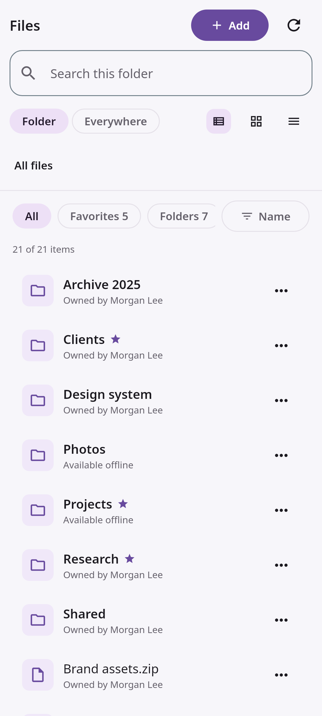 Capture d’écran de la vue Fichiers de Nextcloud Native sur Android, avec la liste des documents du serveur.