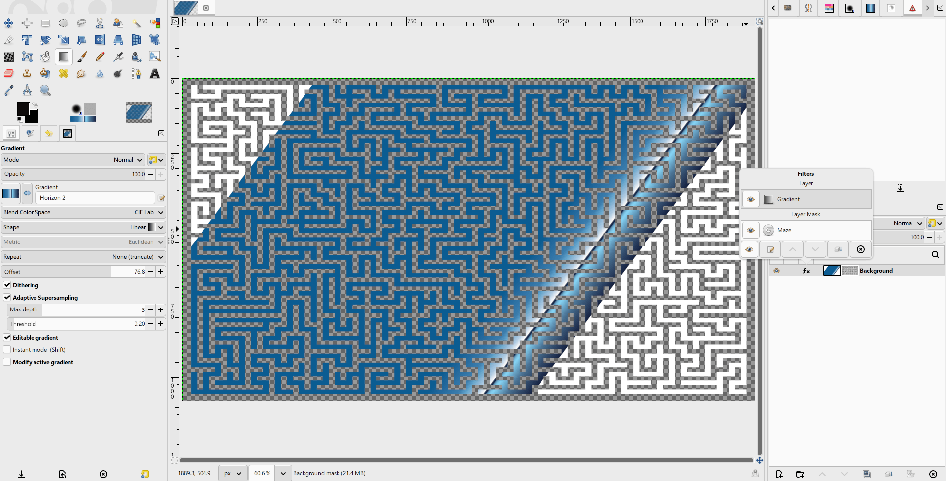 Interface de GIMP avec un filtre de dégradé en direct sur le calque et un filtre en direct sur le masque de calque.