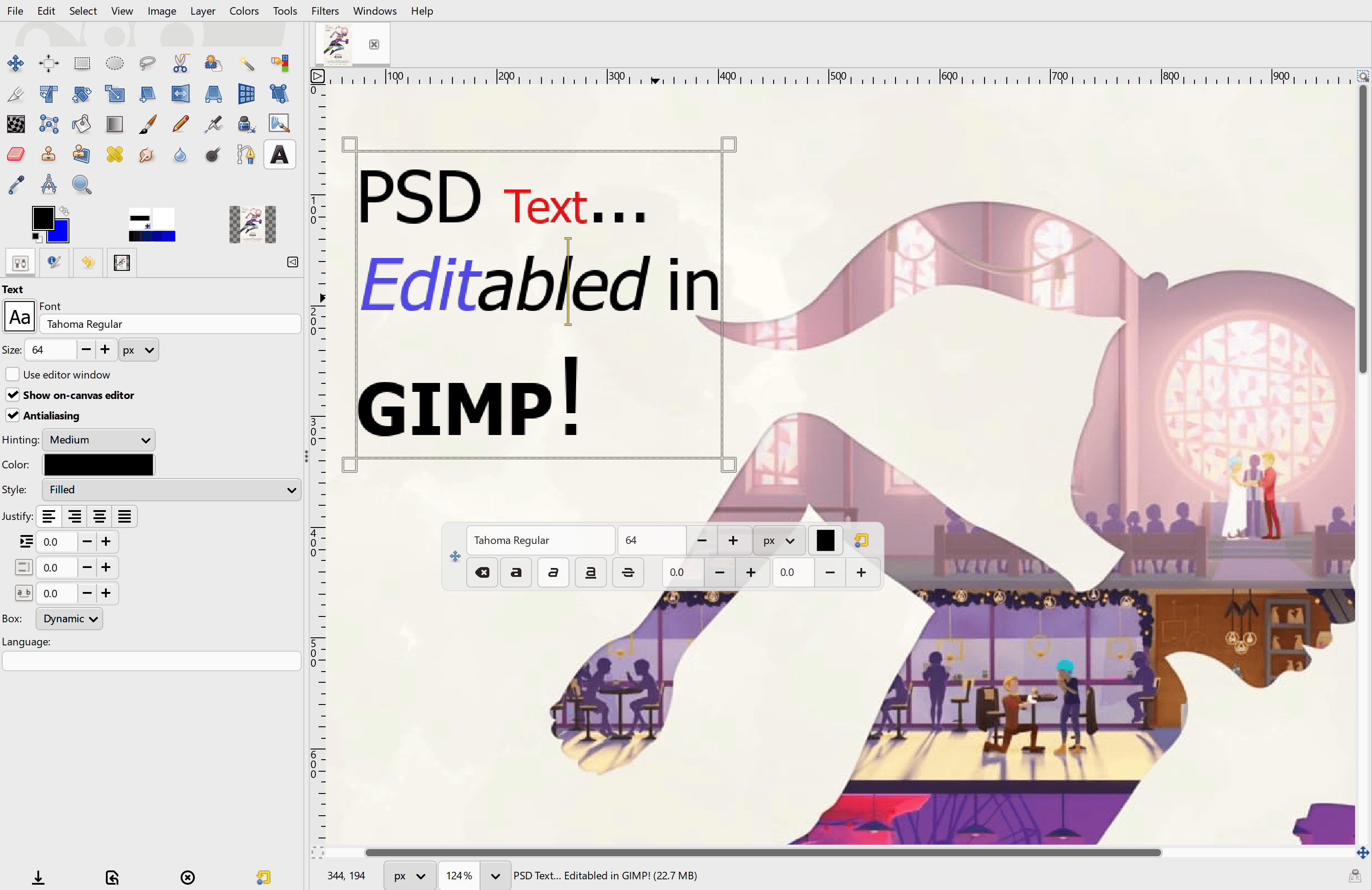Calques de texte d'un fichier PSD affichés et modifiables dans GIMP, preuve du nouveau support des Descriptors Adobe.