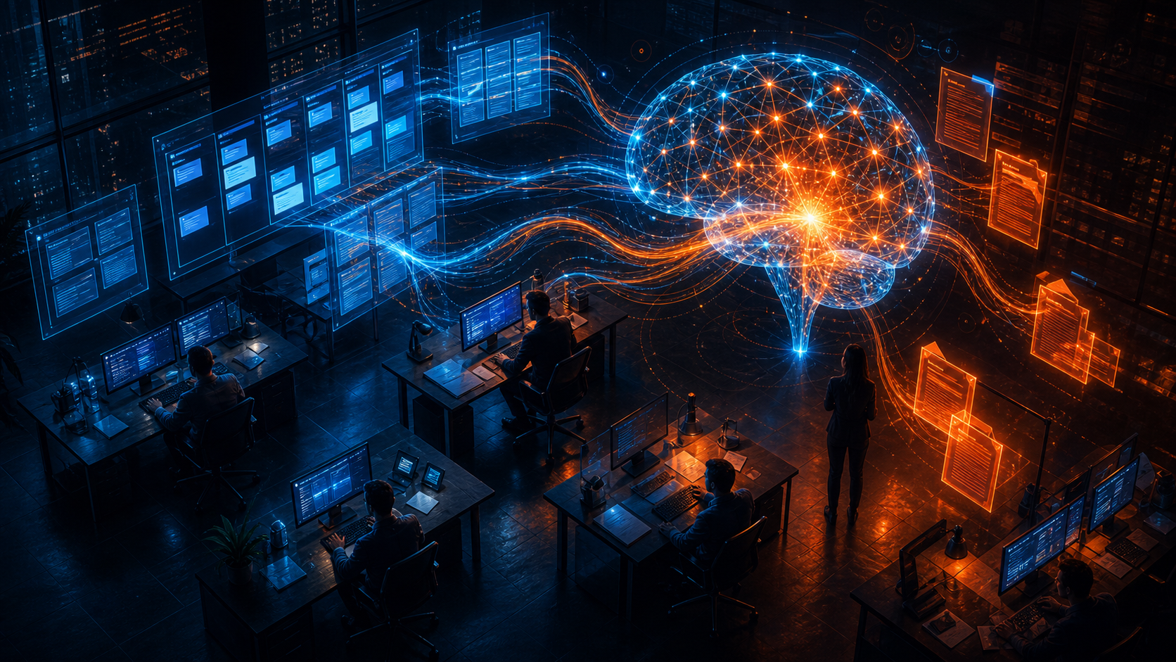 Illustration sombre aux tons bleus et orange : des tableaux de tâches et des documents alimentent un cerveau artificiel lumineux.