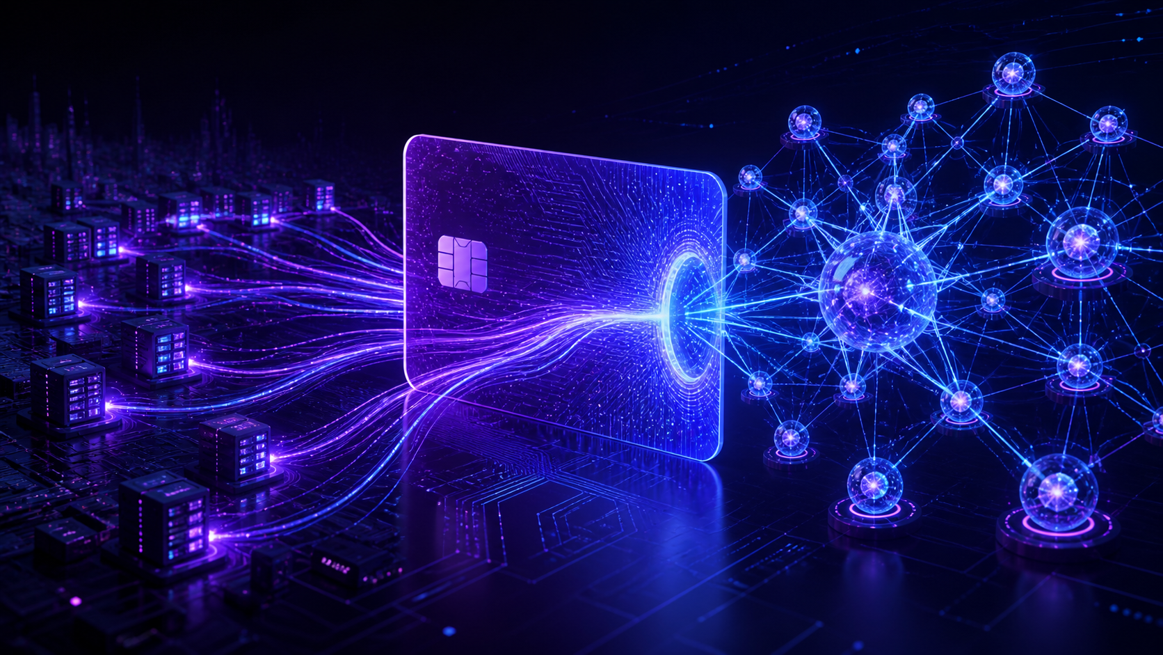Carte de paiement lumineuse fusionnant avec un réseau de nœuds IA interconnectés, ambiance cyberpunk sombre, illustration éditoriale sans texte.