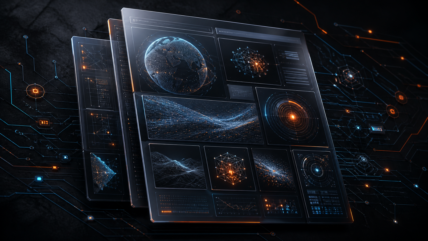 Illustration de la revue technologique du 17 août 2026 : panneaux holographiques, circuits et symboles numériques sur fond sombre, touches orange.