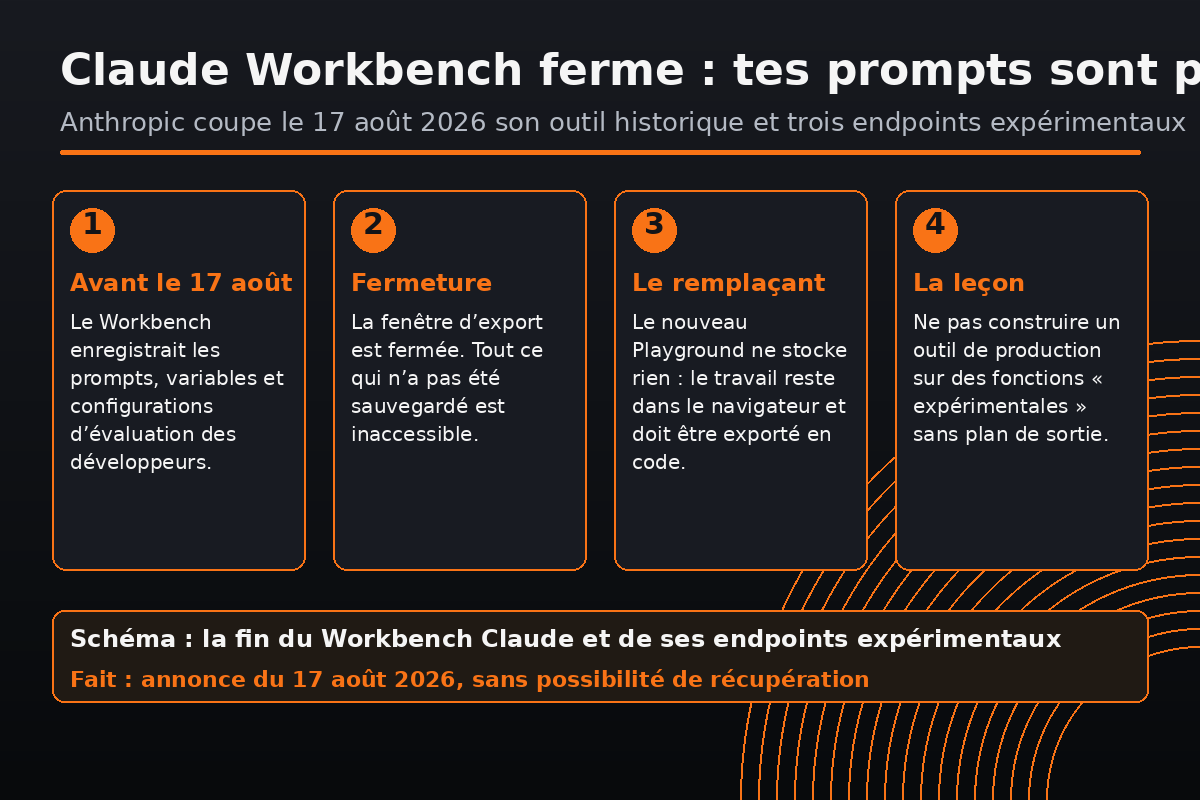Schéma de la fermeture de Claude Workbench : export fermé, remplaçant sans stockage, leçon pour les développeurs.